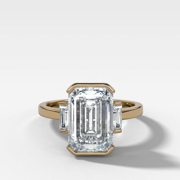 Three Stone Half Bezel Engagement Ring with Mini Baguette Side Stones and Emerald Cut Diamond No.1