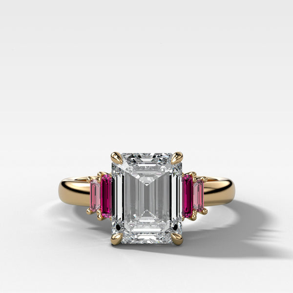 Five Stone Engagement Ring with Ruby and Pink Sapphire Baguette Side Stones and Emerald Cut Diamond