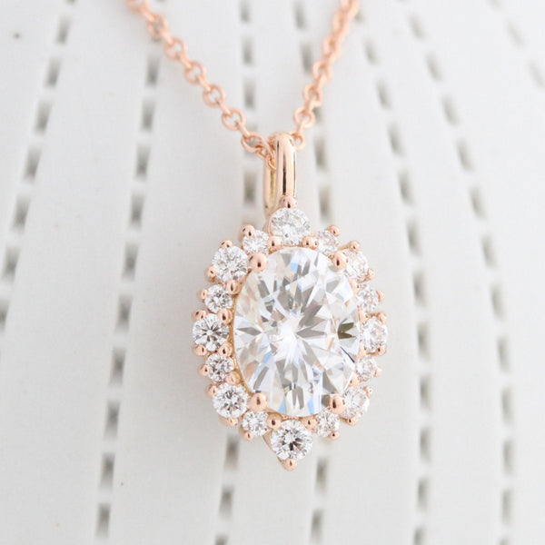 Vintage Oval Halo Diamond Necklace For Women