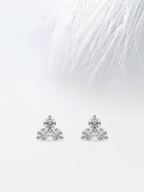 Round Cut Moissanite Three Stone Diamond Earrings in 18K Gold