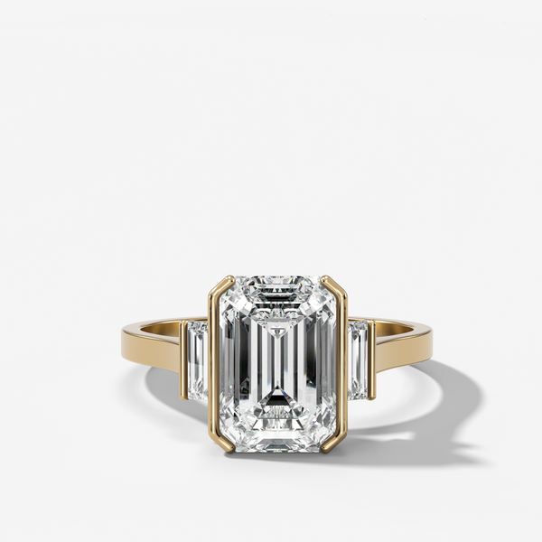 Three Stone Half Bezel Engagement Ring with Mini Baguette Side Stones and Emerald Cut Diamond No.2