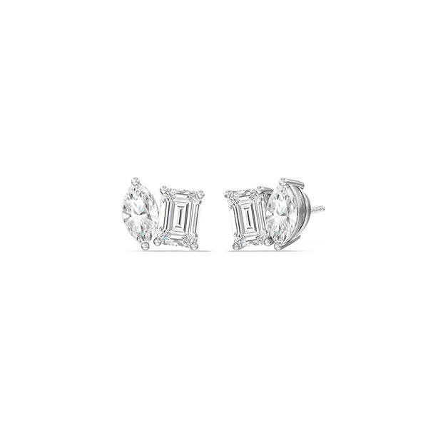 Marquise & Emerald Moissanite Two Stone Diamond Stud Earrings
