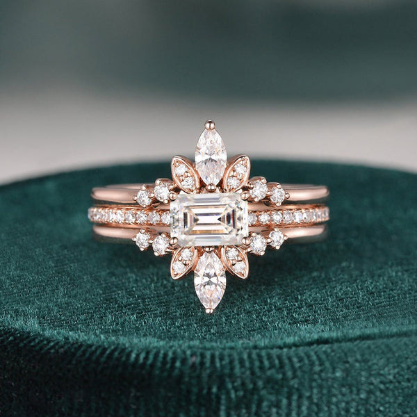 2.0 CT Emerald Cut Solitaire Pave Setting Moissanite Bridal Ring Set