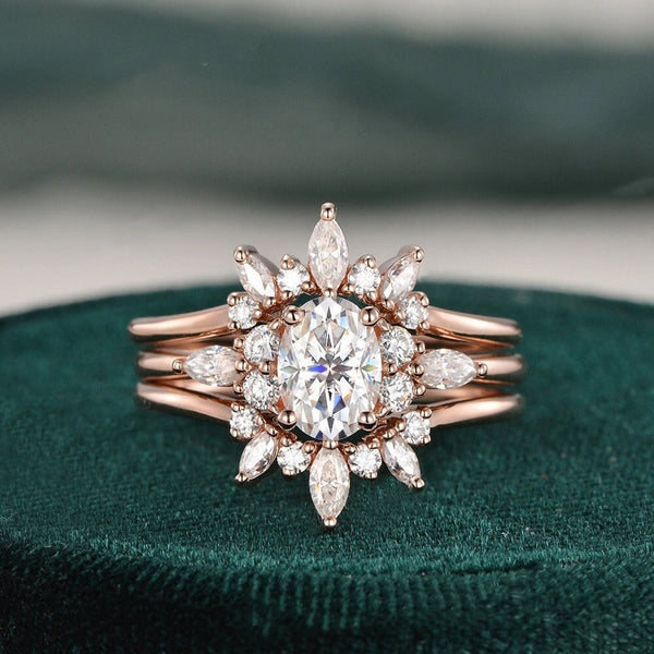 1.0 CT Oval Cut Cluster Moissanite Bridal Ring Set