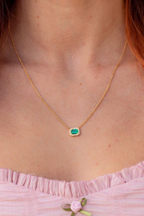 Emerald Diamond Halo Necklace