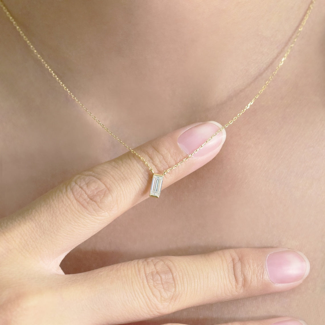 0.10 tcw baguette moissanite diamond solitaire necklace