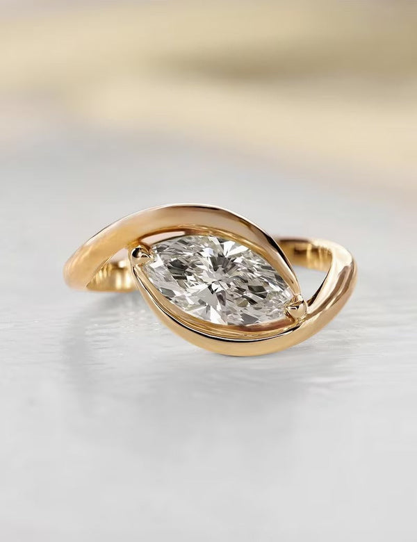 1.0CT-2.0CT East To West Style Marquise Cut Moissanite Curved Engagement Ring