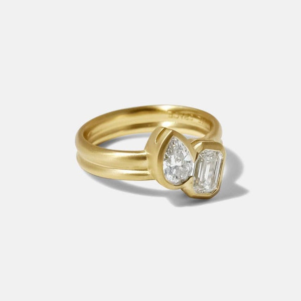 1.0CT-2.0CT Emerald & Pear Cut Moissanite Bezel Set Two Stone Engagement Ring