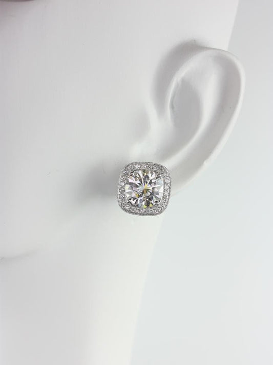 4ct Moissanite Diamonds Cushion Halo Stud Earrings