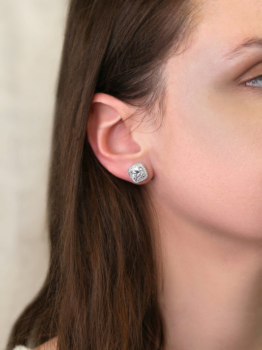 4ct Moissanite Diamonds Cushion Halo Stud Earrings